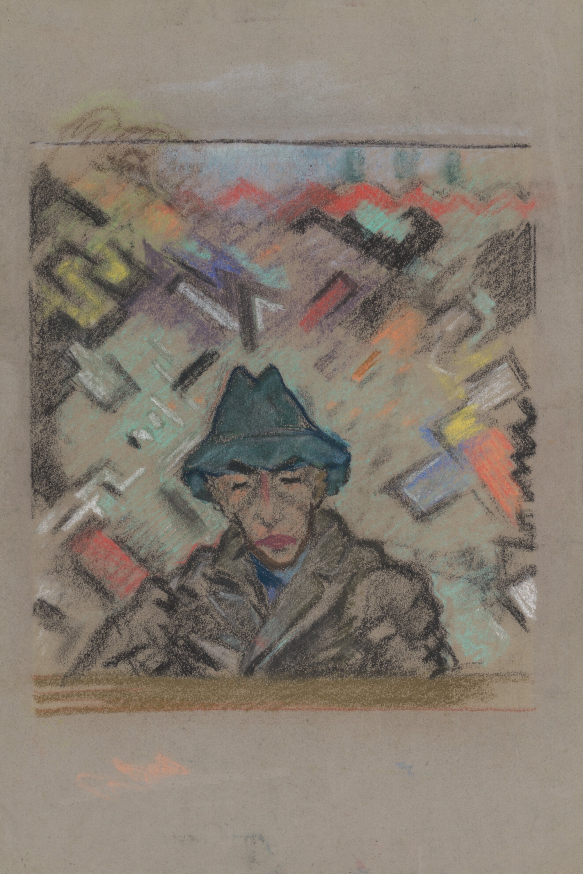 Bust of a Man in a Hat with Decorative Background (1937)