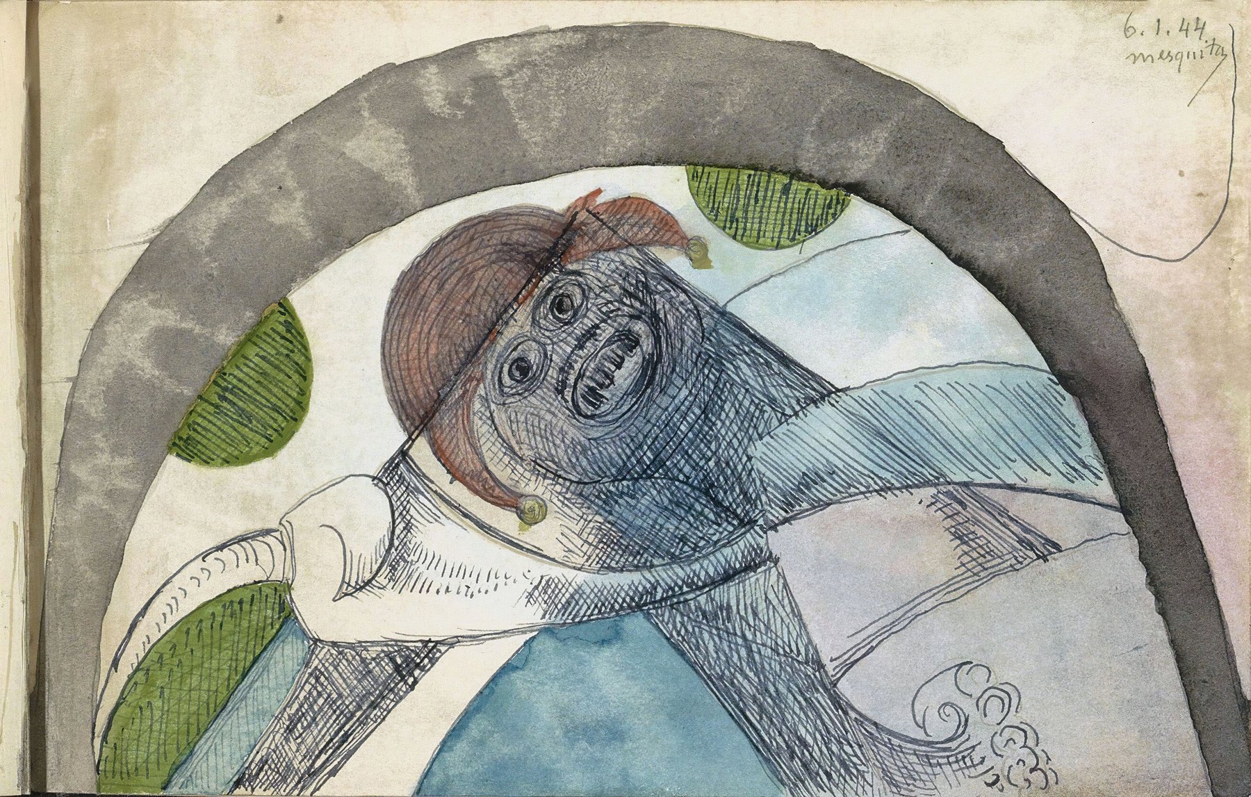 Antropomorf figuur met een harlekijnsmuts onder een boog (1944-01-06)