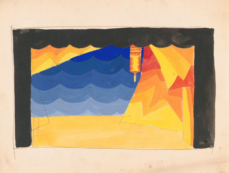 Designs for theater with black-framed proscenium and boldly colored settings. (1926)