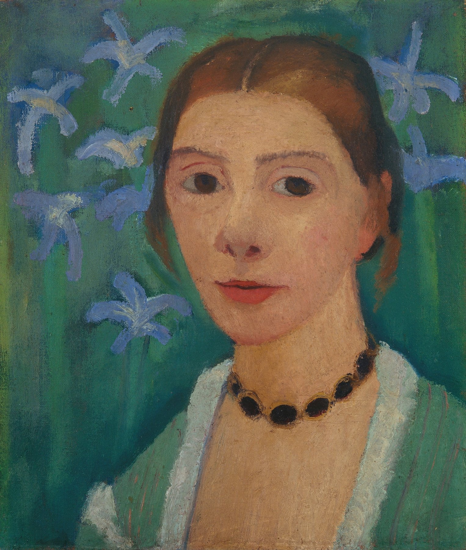 Self-portrait in front of a green background with a blue iris (between 1900 and 1907)