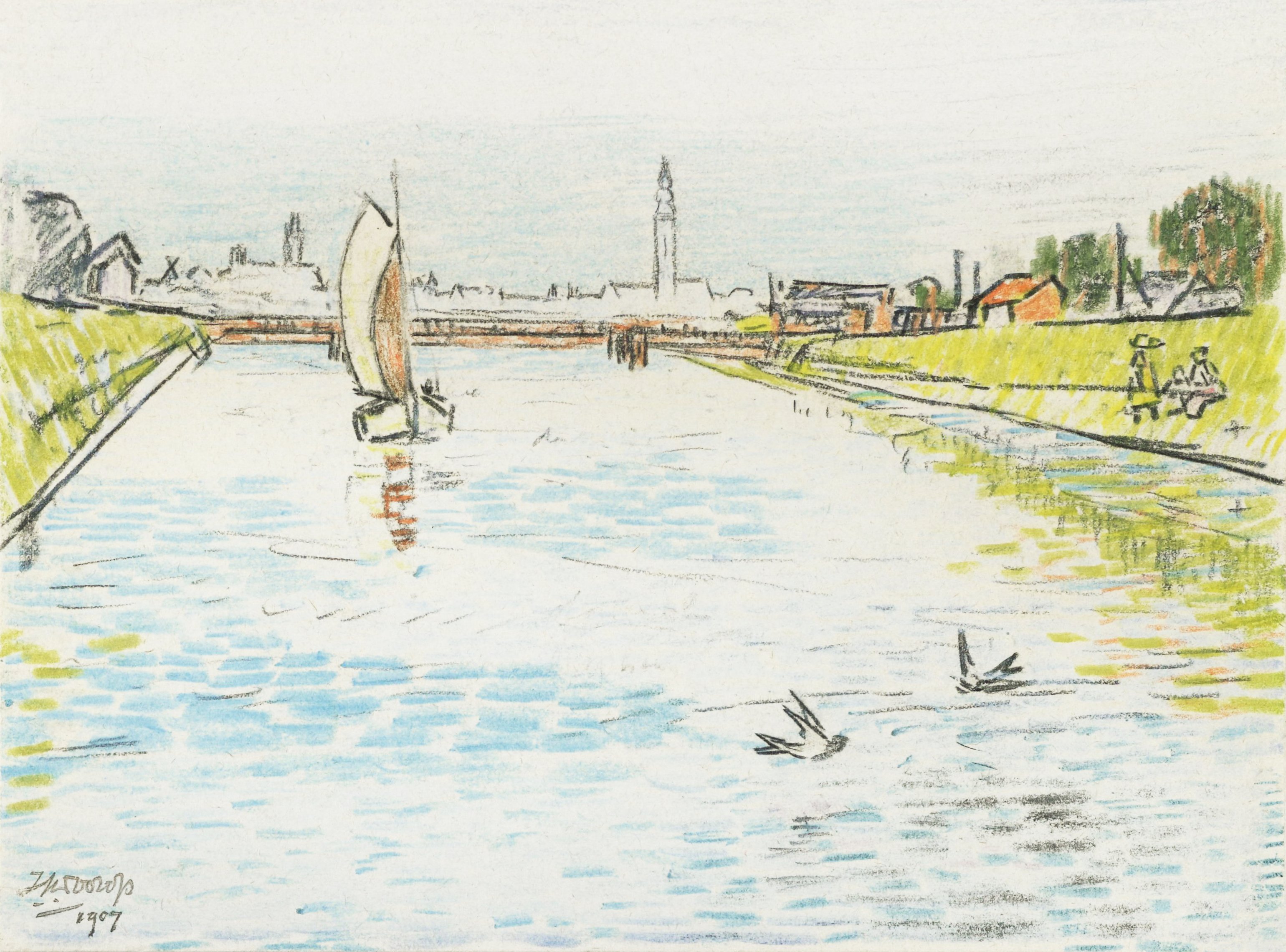 View of a Canal with a Sailing Ship (1907)