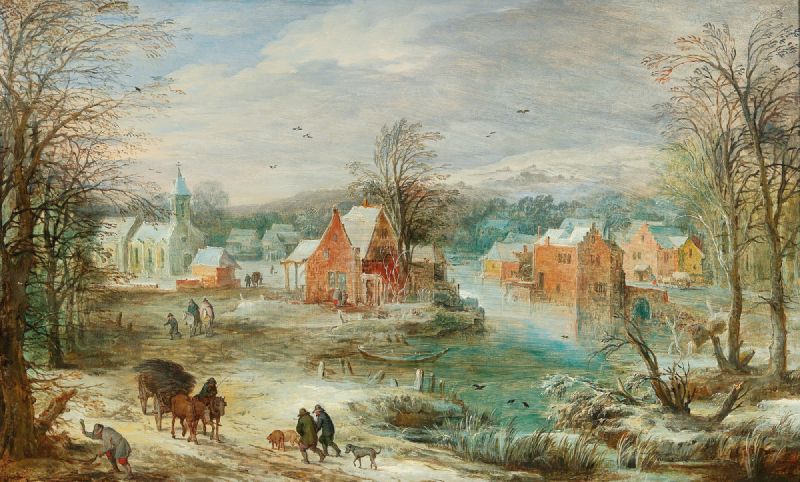 A winter landscape with a village and travellers on a path