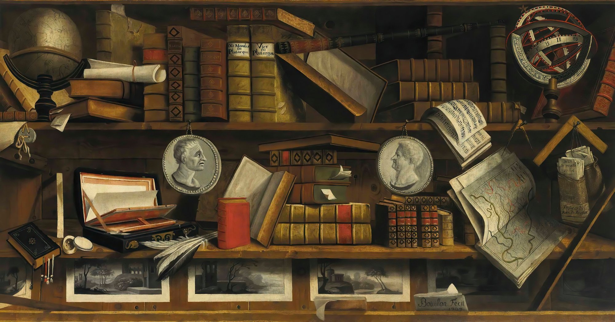 A trompe l’oeil of a collector’s study with engravings, drawings, letters and books (1707)