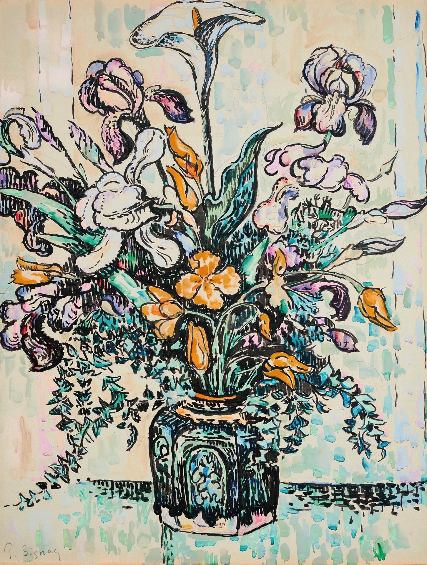 Bouquet (iris, arum, tulipes) dans un vase d’André Metthey (ca 1910)
