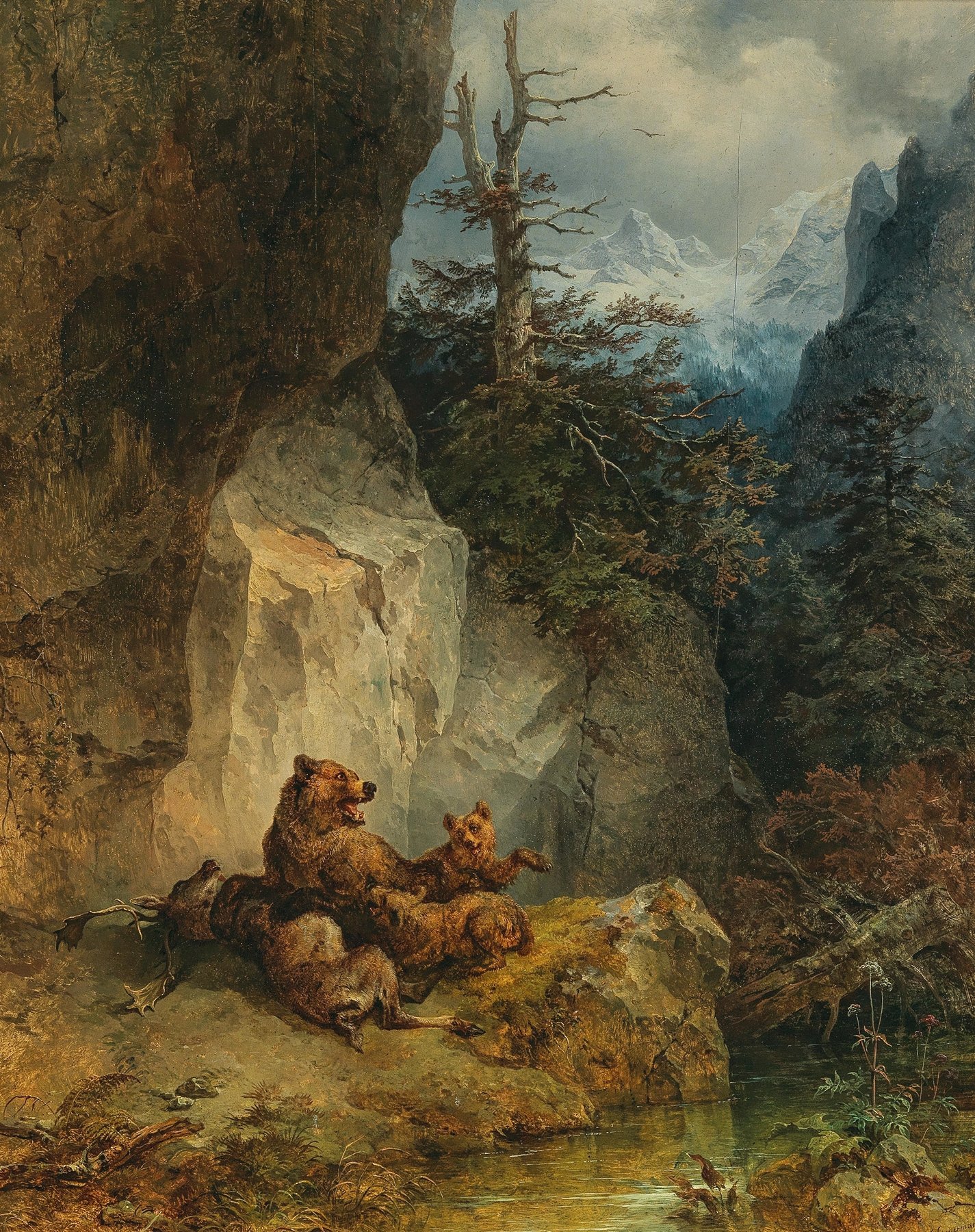 A mother bear and her cubs with a stag (1845)