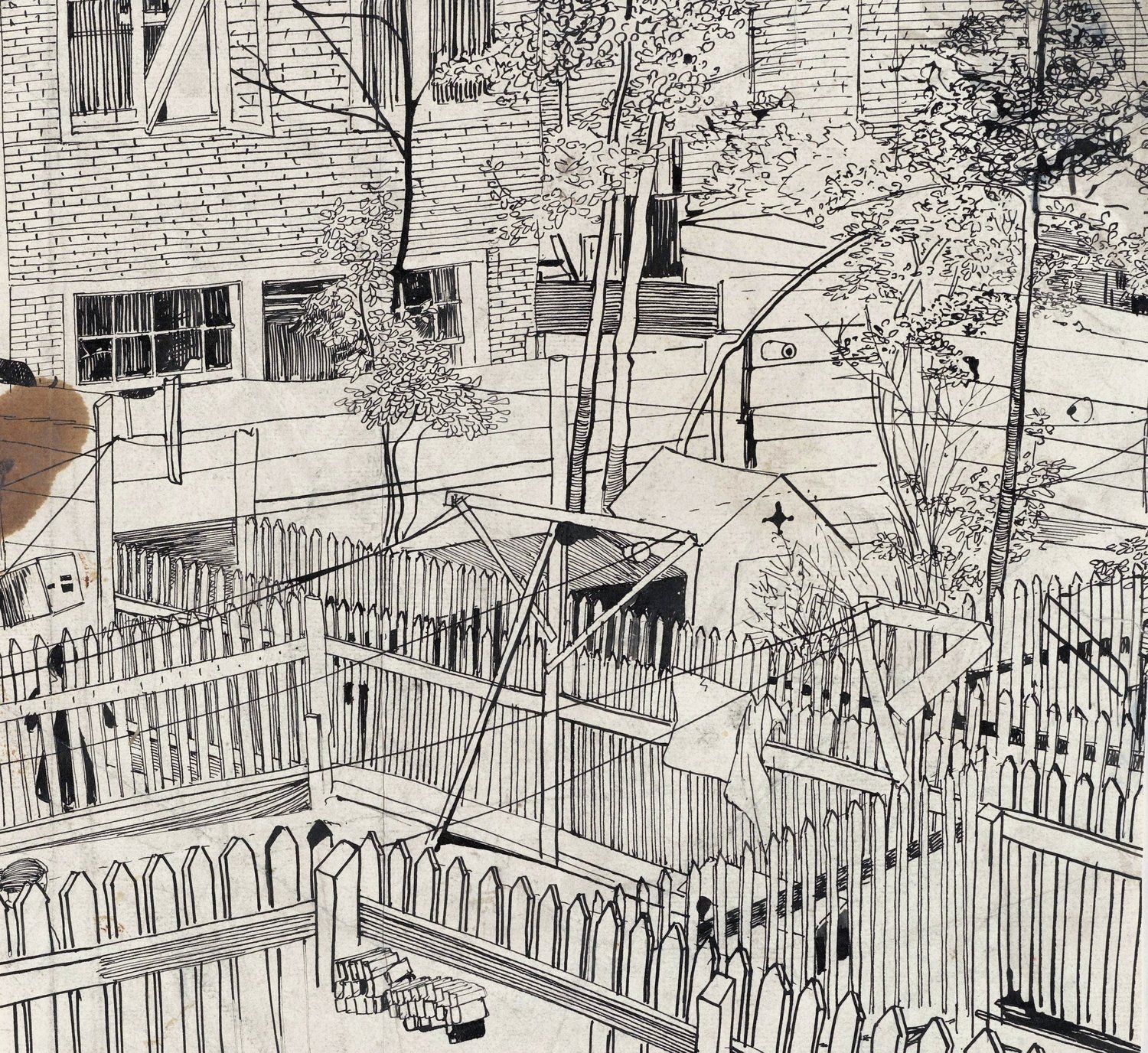 Binnenplaats met houten hekken en tuintjes (1874)
