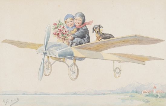 Two children and a dachshund on a plane
